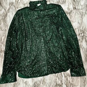 Mable Women’s Sz 6 Hidden Button Forest Green Sparkling Shirt Holiday Party NYE